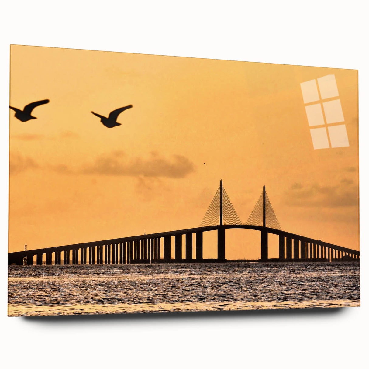Large abstract depiction of Tampa skyline on acrylic glass, in muted sea blue and sunset orange.