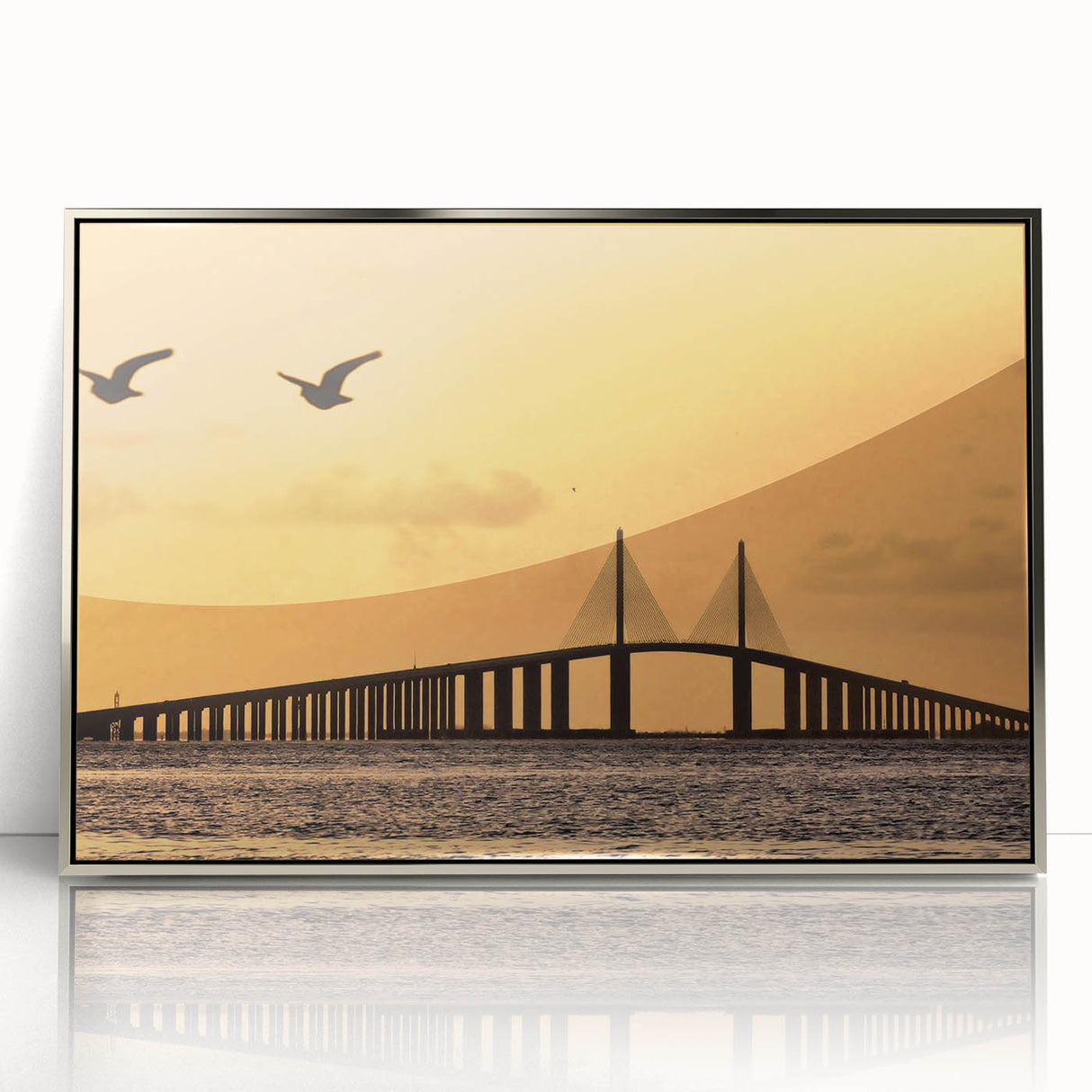 Mid-century modernist art of Tampa skyline in pastel hues on a silver-framed acrylic print.