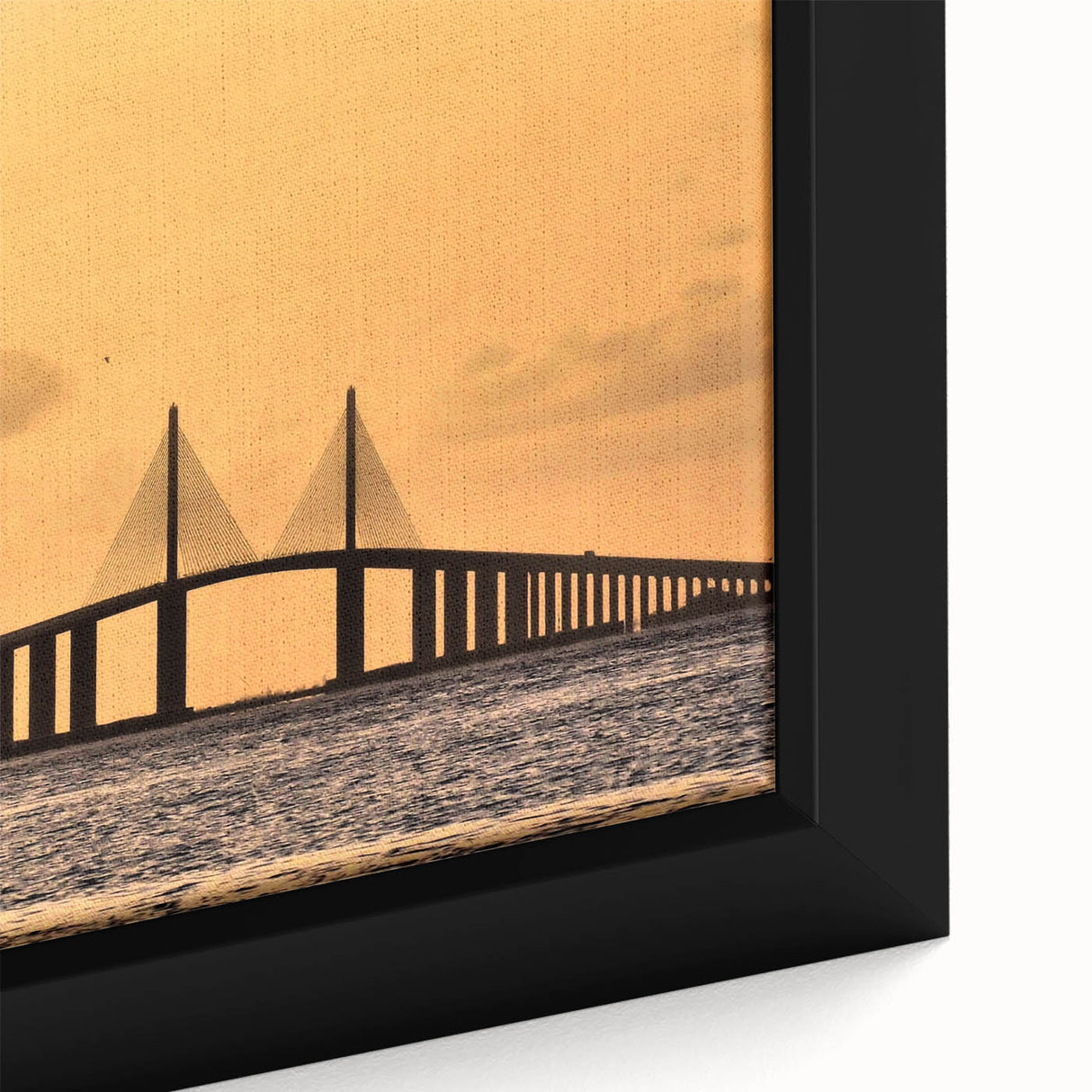 Framed canvas featuring a textured depiction of Tampa's skyline in black with colorful accents, ideal for living room decor.