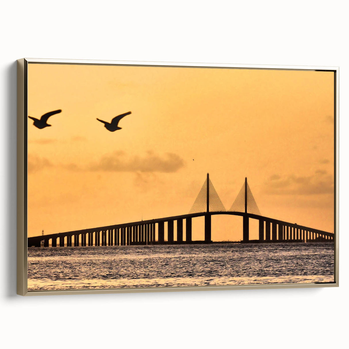 Framed canvas wall art of Tampa landscape in vintage poster style, featuring black and gold tones, ideal for bedroom decor.