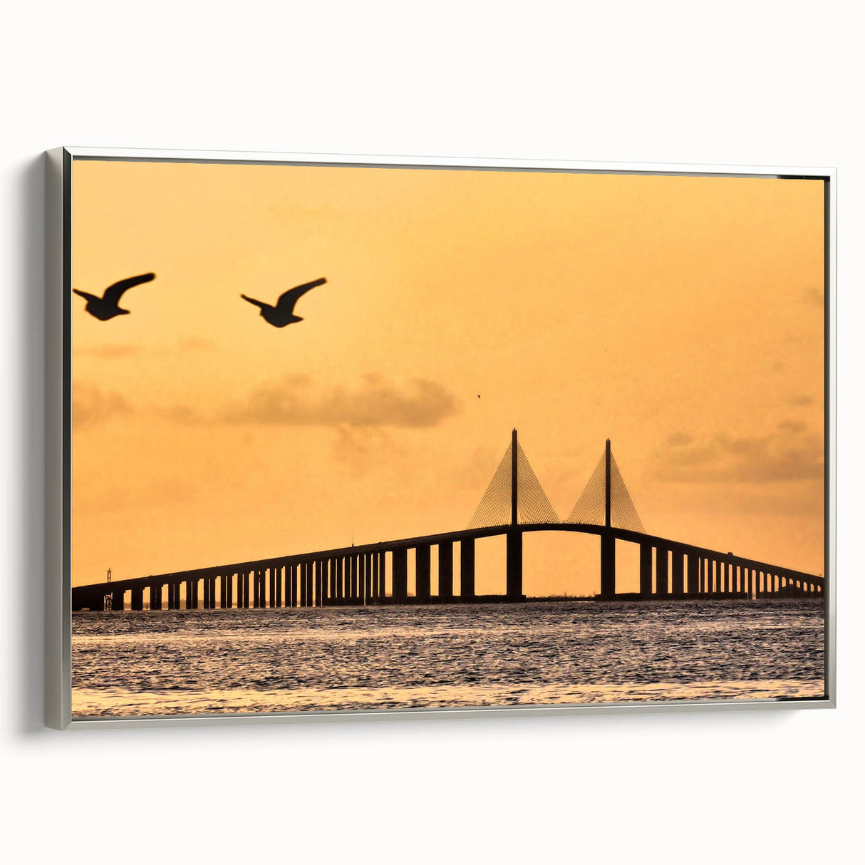 Framed canvas of Tampa landscape art painting in vintage style with a palette of bright colors on a black background.