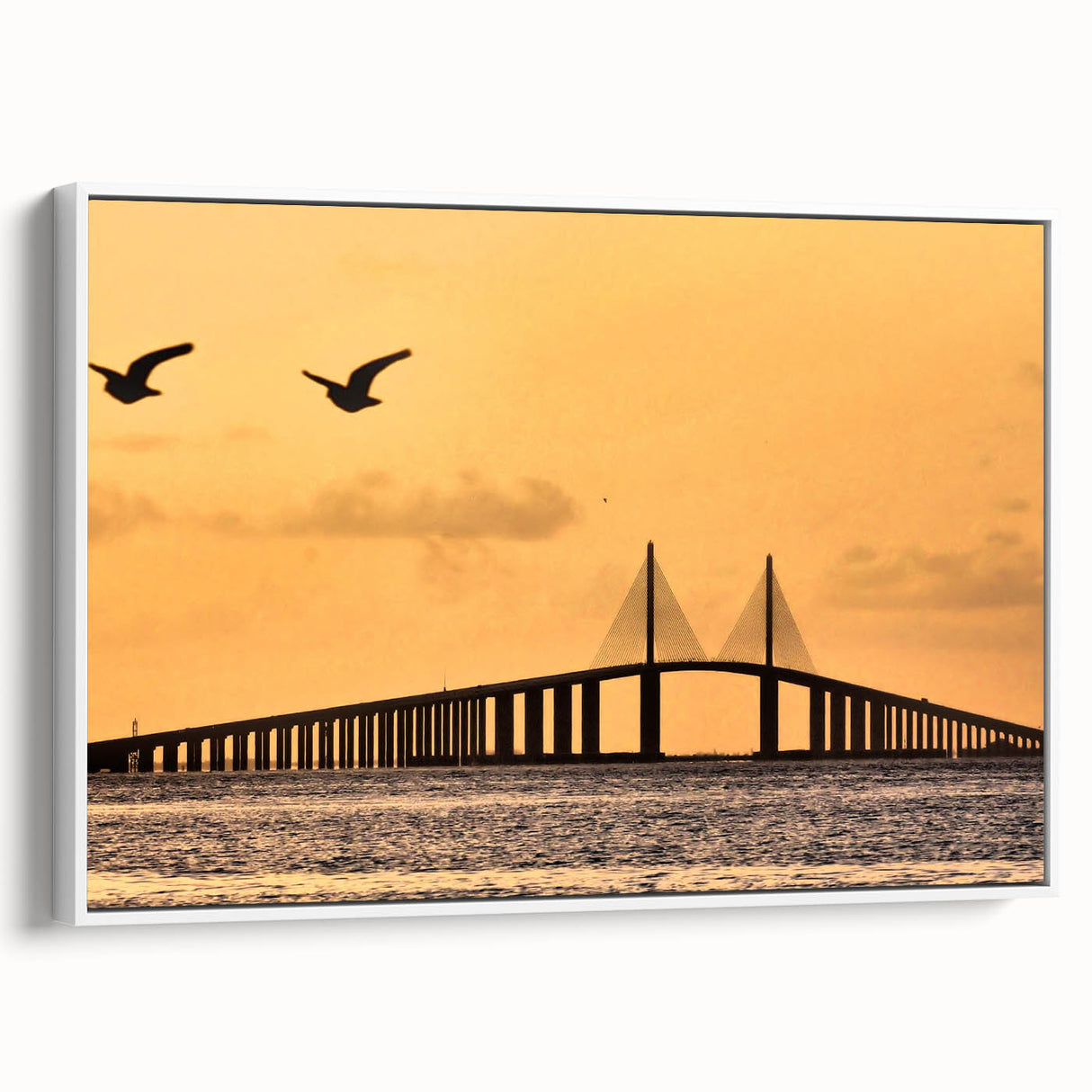 Framed canvas of a vintage poster art depicting Tampa scenery in colorful hues, ideal for living room decor.