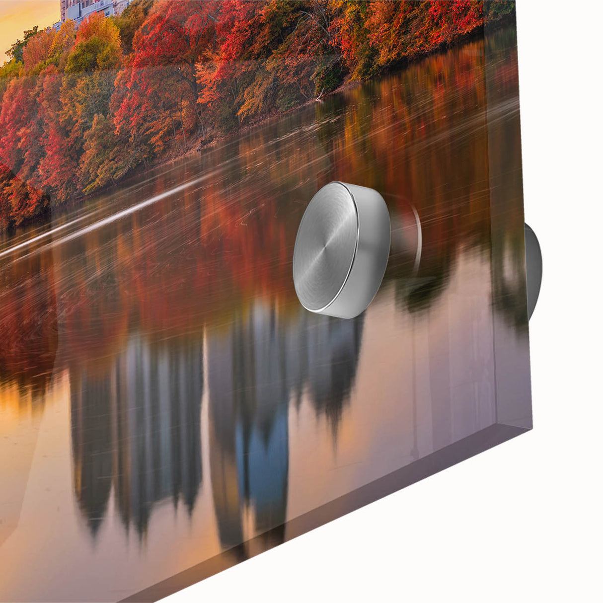 Large abstract depiction of the Atlanta skyline in muted blue and gray tones on acrylic glass, ideal for dining room art.
