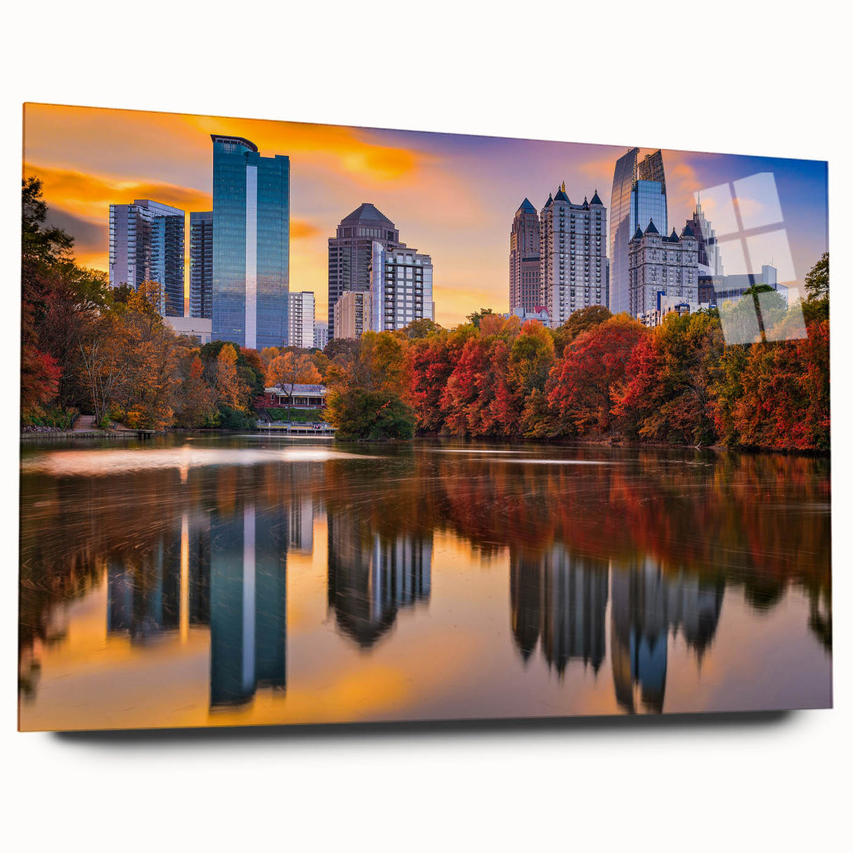 Acrylic print of the Atlanta skyline in muted gray and blue tones, ideal for bedroom or dining room art.