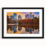 Colorful abstract art print of the Atlanta skyline, featuring vibrant hues on a large framed canvas.