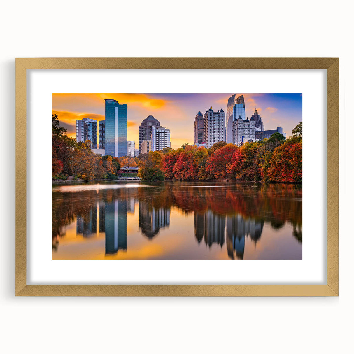 Extra large abstract art print of Atlanta skyline in muted gray and blue tones on a framed canvas.