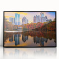 Large abstract wall art of Atlanta skyline in muted gray and blue tones on framed acrylic.