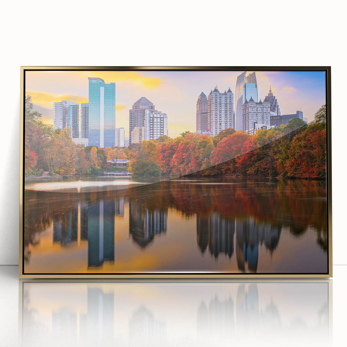Mid-century modernist Atlanta skyline in muted gold tones, framed acrylic print, suited for modern art wall decor.