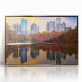 Mid-century modernist Atlanta skyline in muted gold tones, framed acrylic print, suited for modern art wall decor.