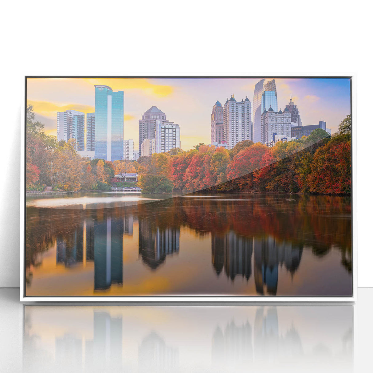 Framed acrylic print of the Atlanta skyline in art deco style, featuring pastel shades, ideal for modern nursery decor.