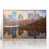 Framed acrylic print of the Atlanta skyline in art deco style, featuring pastel shades, ideal for modern nursery decor.
