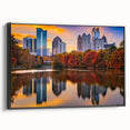 Black and white framed canvas of the Atlanta skyline in a vintage poster style, ideal for bedroom wall decor.