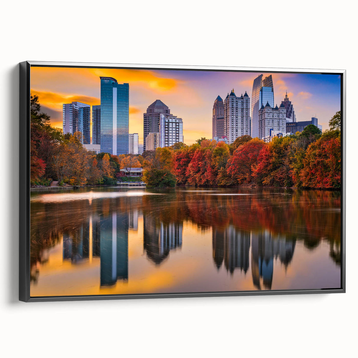 Black and white framed canvas of the Atlanta skyline in a vintage poster style, ideal for bedroom wall decor.
