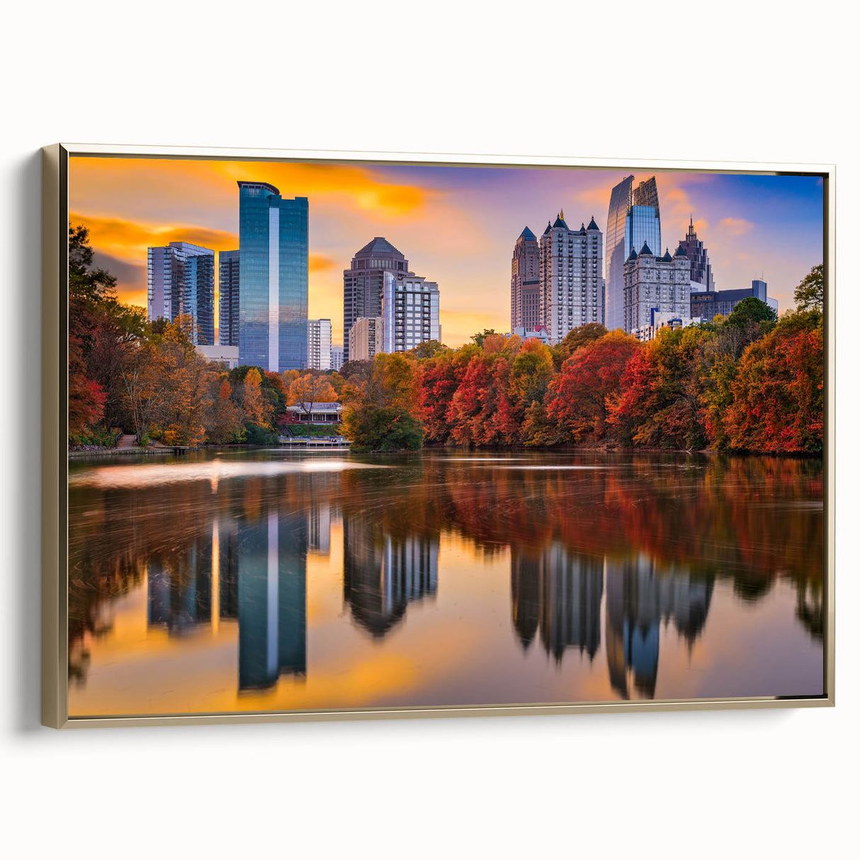 Framed canvas wall art featuring a vintage-style Atlanta skyline in muted gold and black tones, ideal for bedroom decor.