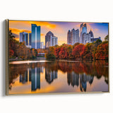 Framed canvas wall art featuring a vintage-style Atlanta skyline in muted gold and black tones, ideal for bedroom decor.