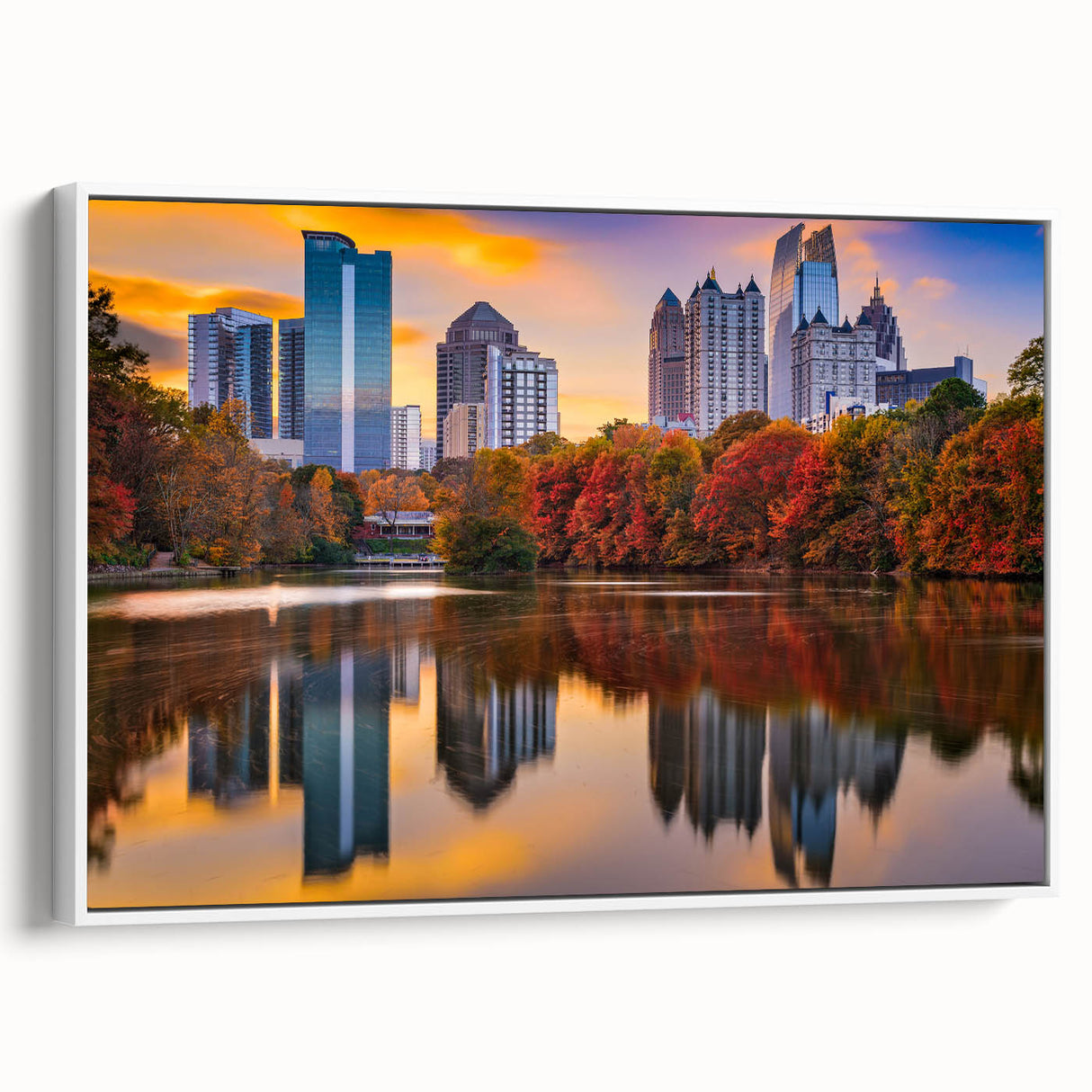 Vintage poster art of Atlanta skyline in colorful hues on a large framed canvas, suitable for living room decor.