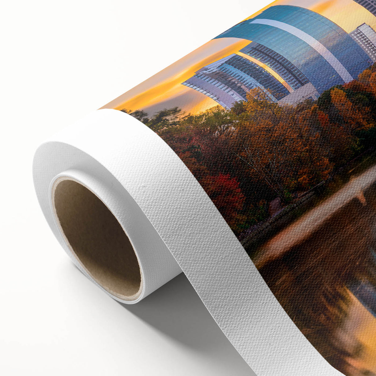 Art Deco poster of Atlanta skyline in muted gray and blue tones on rolled canvas, ideal for nursery wall art.