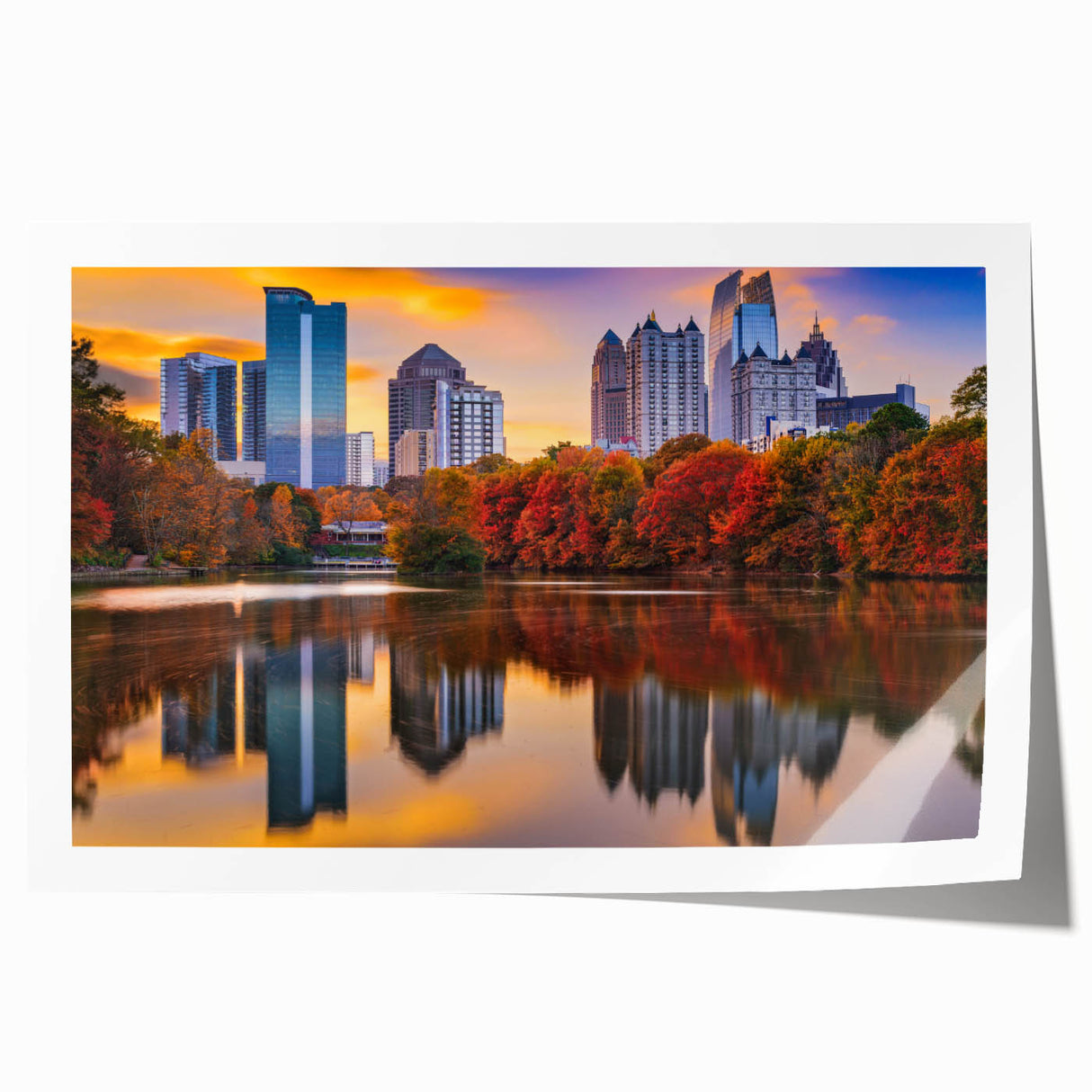 Abstract Atlanta skyline in muted gray tones on a large rolled canvas, ideal for art wall dining room placement.