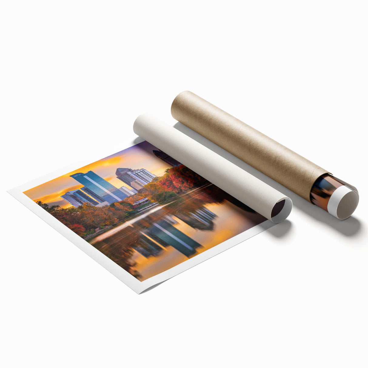 Rolled print of Atlanta skyline with muted gray and blue tones, ideal for classy bathroom wall art.