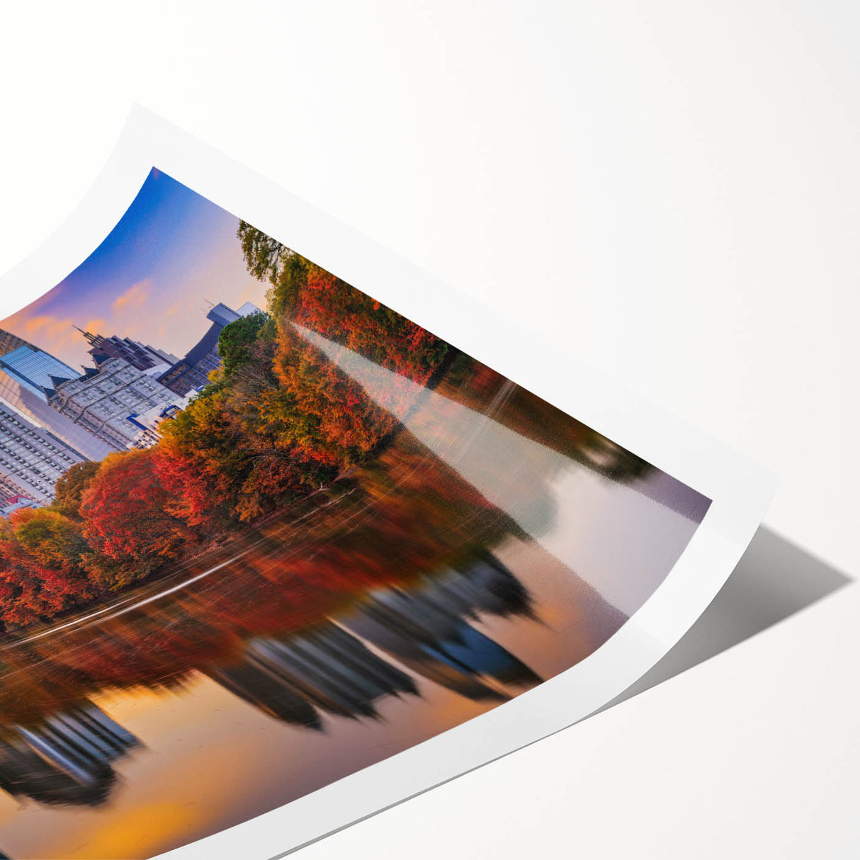 Extra large rolled print of Atlanta skyline with line art flowers in muted colors, ideal for large living room wall art.