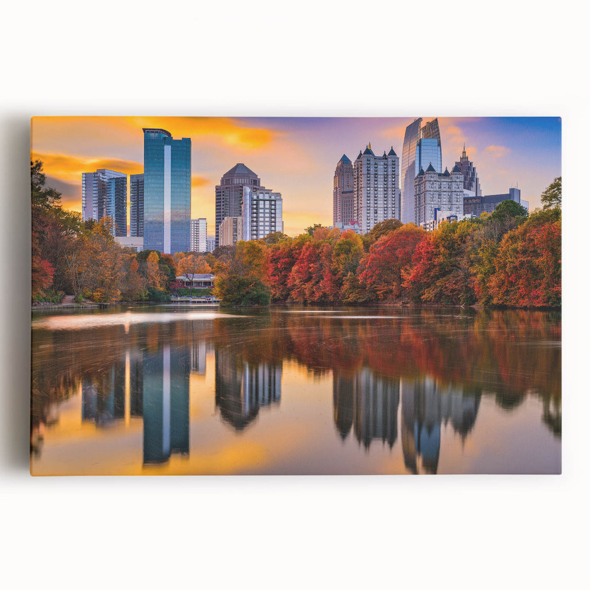 Black and white stretched canvas of the Atlanta skyline, ideal for kitchen wall art.