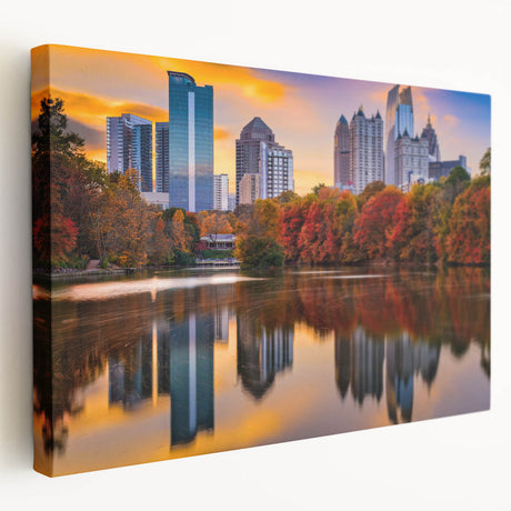 Atlanta skyline depicted in muted gray and blue tones on a large stretched canvas, ideal for kitchen wall art.