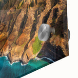 Large abstract wall art of Kauai, Hawaii with vibrant green and blue tones on acrylic glass, ideal for dining room ambiance.