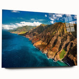 Large abstract wall art of Kauai's lush landscape in vibrant greens and blues on acrylic glass.