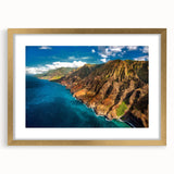 Extra large abstract art print of Kauai's scenery in textured tones, framed in gold, ideal for living room decor.