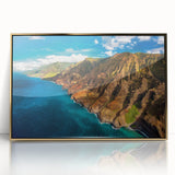 Large art print of Kauai, Hawaii landscape in mid-century modernist style, framed in gold acrylic.