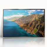 Mid-century modernist art depicting the Kauai landscape in Hawaii, framed in silver acrylic, suitable for nursery wall art.