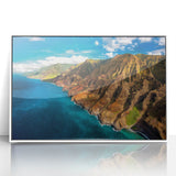 Art deco poster of Kauai landscape in muted green and blue tones, acrylic print framed in white.