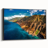 Black and white framed canvas featuring a vintage-style landscape of Kauai, ideal for bedroom wall decor.