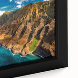 Black wall art featuring a textured close-up of Kauai, Hawaii, with vibrant colors on framed canvas.
