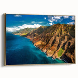 Framed canvas depicting a vintage-style landscape of Kauai, Hawaii, with gold and black tones, suitable for bedroom wall art.