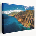 Large canvas print of a vibrant Kauai landscape in greens and blues, suitable for kitchen wall art.