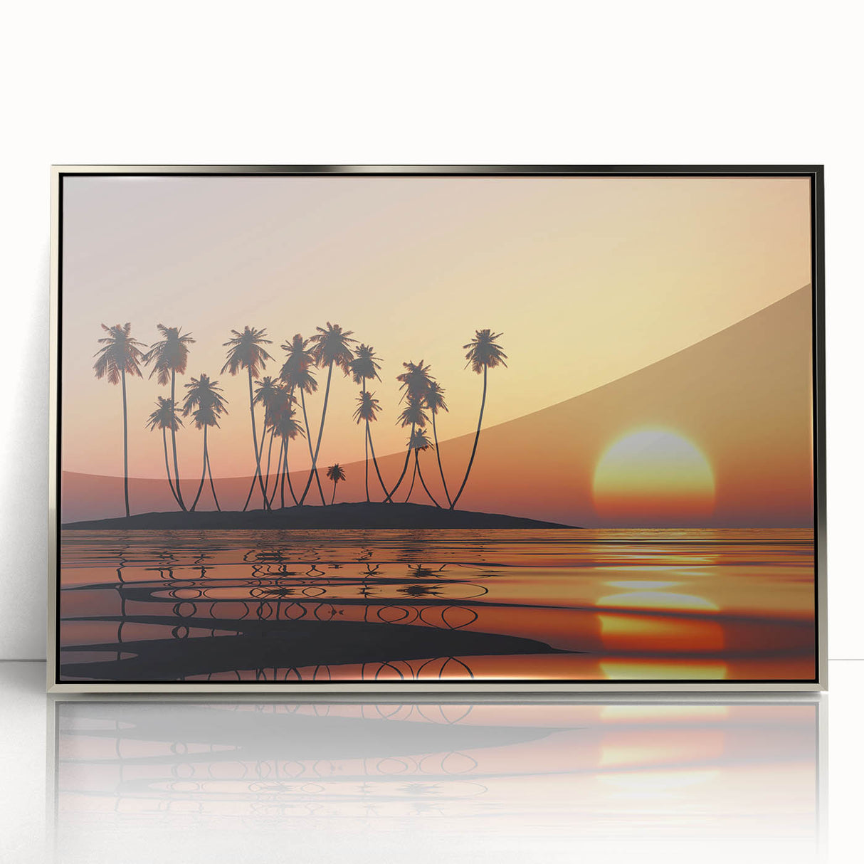 Mid-century modernist art depicting a Maui, Hawaii landscape in muted blues and greens on framed acrylic.
