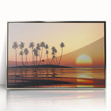 Mid-century modernist art depicting a Maui, Hawaii landscape in muted blues and greens on framed acrylic.