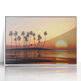 Art deco poster of Maui scenery in white acrylic frame, featuring serene blue and green tones.