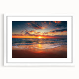 Abstract art print of Oahu, Hawaii in vibrant blue and green tones on a framed white mat, suitable for dining room decor.