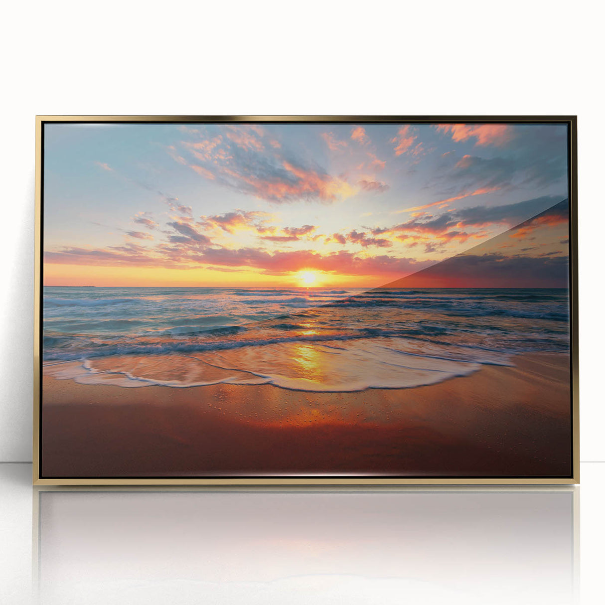 Large art print of Oahu, Hawaii landscape in muted gold and blue tones on framed acrylic, suitable for modern art wall decor.