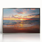 Mid-century modernist art depicting Oahu, Hawaii with muted blue and green tones on a silver-framed acrylic.