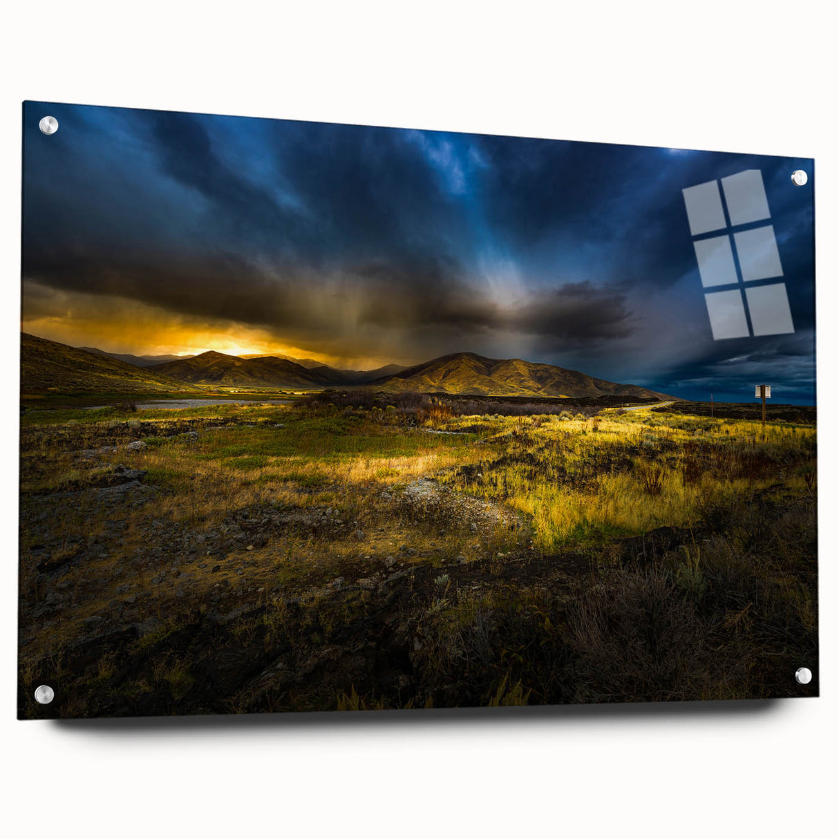 Large abstract wall art of Idaho scenery in muted earth tones on acrylic glass, ideal for bedroom or dining room decor.