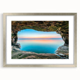 Textured abstract art print of Lake Michigan, using cool blues and grays, in a silver frame, ideal for bedroom art.