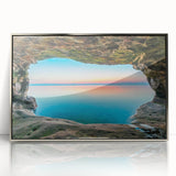 Mid-century modernist art of Lake Michigan, in muted blue and silver tones, framed acrylic, ideal for nursery wall decor.
