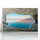 Art deco poster featuring the Chicago skyline over Lake Michigan in muted blue tones, framed acrylic print.