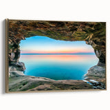 Framed canvas depicting a vintage-style landscape of Lake Michigan with gold and black tones, suitable for bedroom decor.