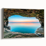 Framed canvas of a vintage-style landscape art painting featuring Lake Michigan, with a palette of black and colorful hues.