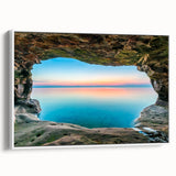 Vintage poster art of Lake Michigan, featuring a colorful palette on a large framed canvas, ideal for living room decor.
