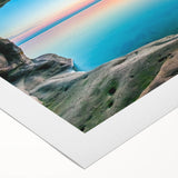 Art deco poster of Lake Michigan, featuring cool blue and teal tones on a rolled canvas, suitable for dining room wall art.